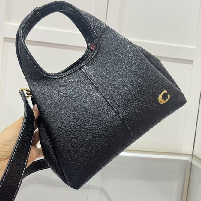 COACH LANA Shoulder Bag - Black Pebble Leather Hobo with Removable Strap