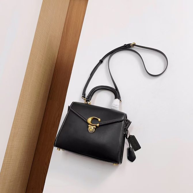 COACH Sammy Top Handle Bag - Black Leather with Gold-Tone C Lock